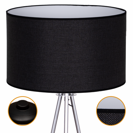 Lampa podłogowa Trigni srebrna z czarnym LNIANYM abażurem