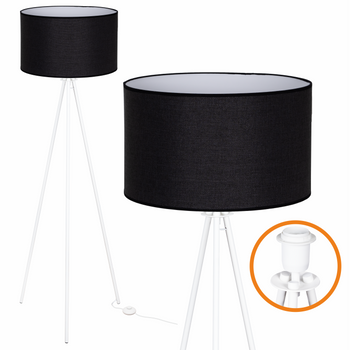 Lampa podłogowa Trigni biała z czarnym LNIANYM abażurem