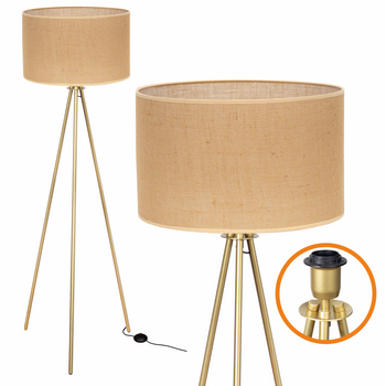 Lampa podłogowa Trigni złota mat z jutowym NATURALNYM abażurem