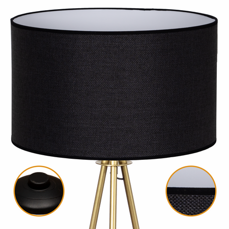 Lampa podłogowa Trigni złota mat z czarnym LNIANYM abażurem