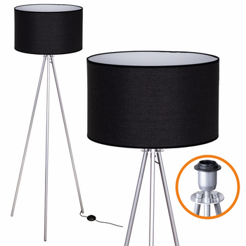 Lampa podłogowa Trigni srebrna z czarnym LNIANYM abażurem