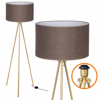 Lampa podłogowa Trigni złota mat z brązowym LNIANYM abażurem