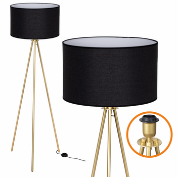 Lampa podłogowa Trigni złota mat z czarnym LNIANYM abażurem